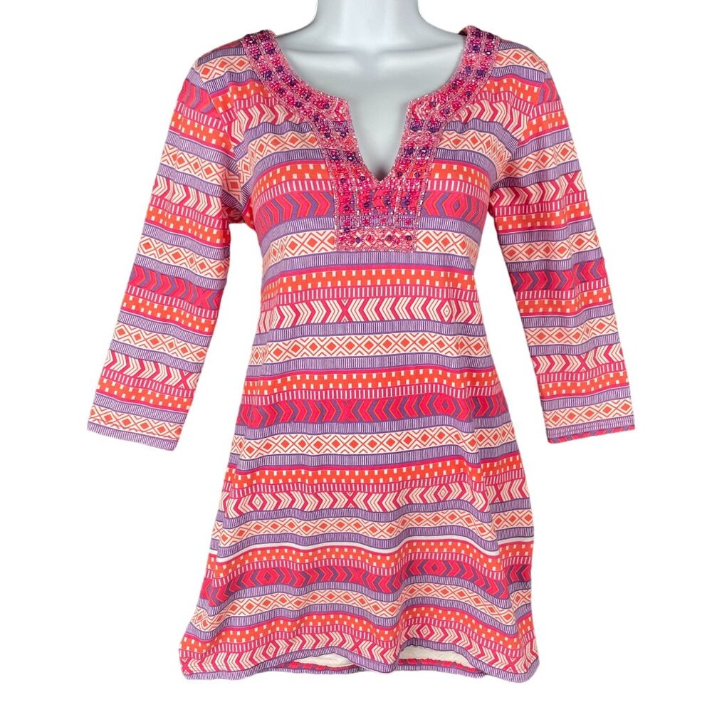 Joyous Free Tunic Top Womens Size S Colorful Beaded Boho Peasant Hippie Bright